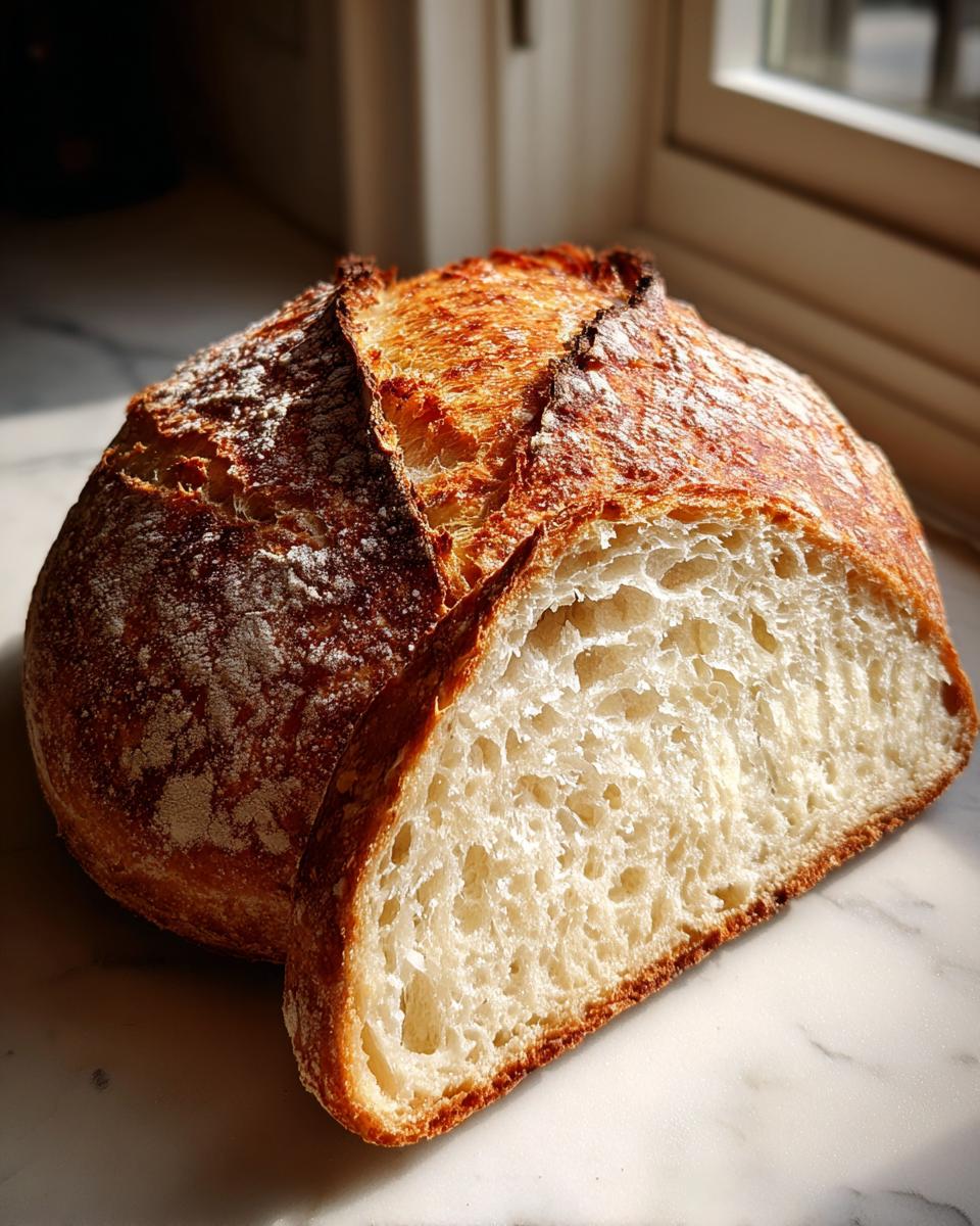 A freshly baked artisan bread loaf with a slice cut off, showing the airy interior crumb.