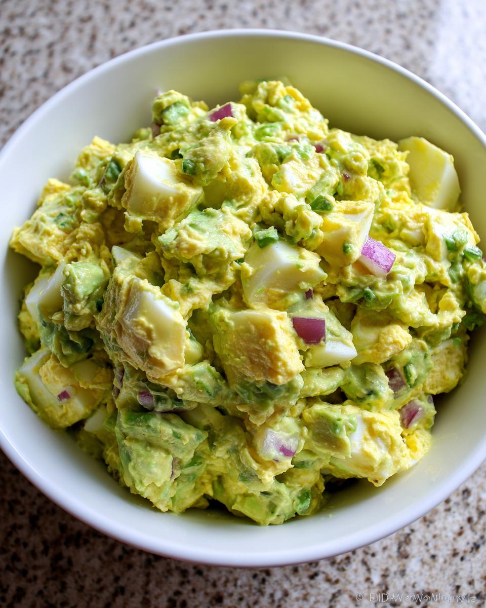 Close-up of creamy avocado egg salad chunks mixed with visible pieces of hard-boiled egg white and diced red onion in a white bowl.