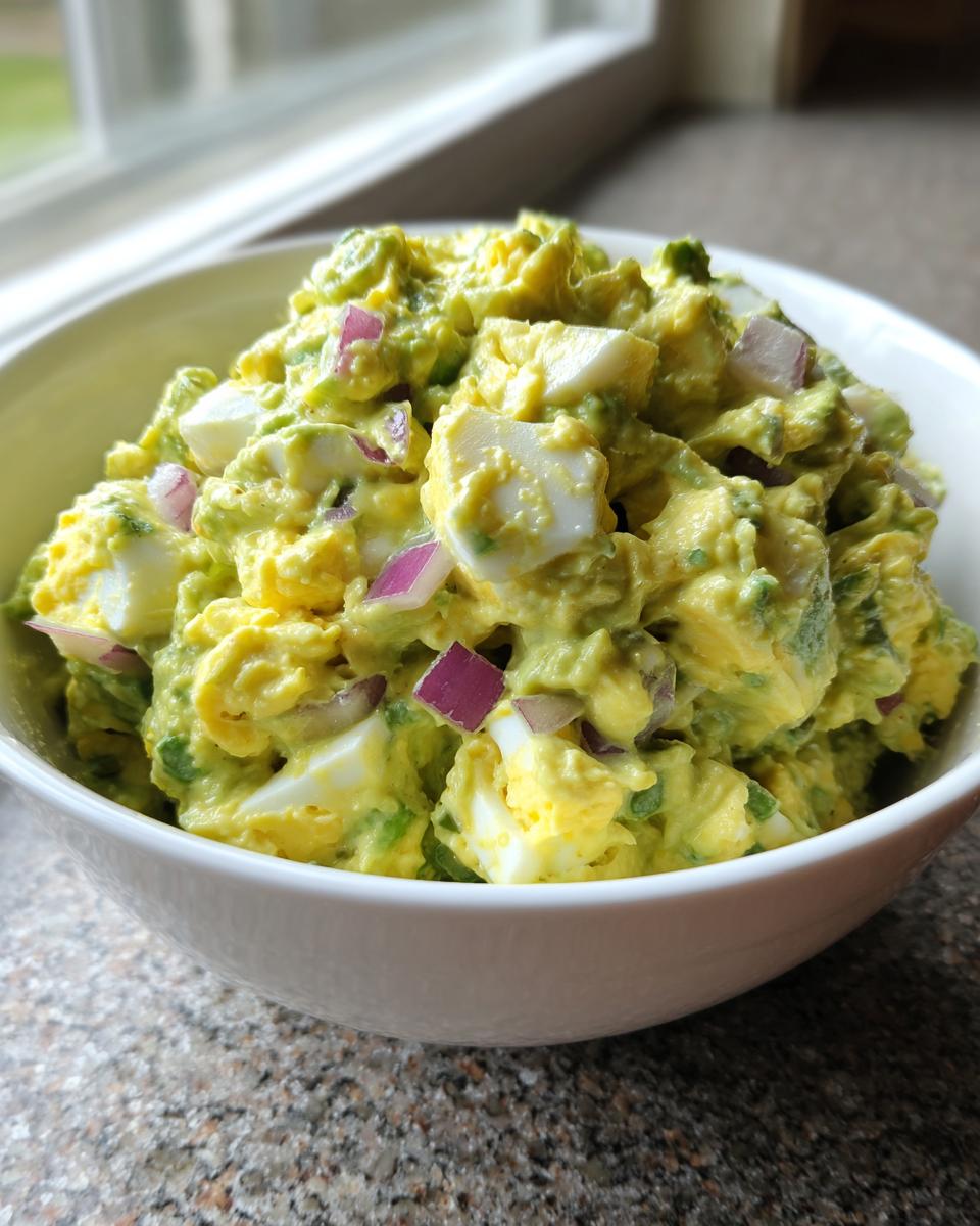 Close-up of creamy avocado egg salad mixed with chunks of hard-boiled egg and diced red onion in a white bowl.