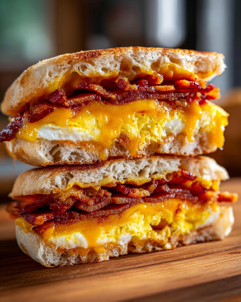 Cross-section of a hearty english muffin breakfast sandwich stacked high with melted cheese, scrambled egg, and crispy bacon.