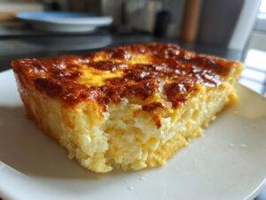 A square slice of baked, creamy cheese grits with a deeply browned, caramelized top crust.