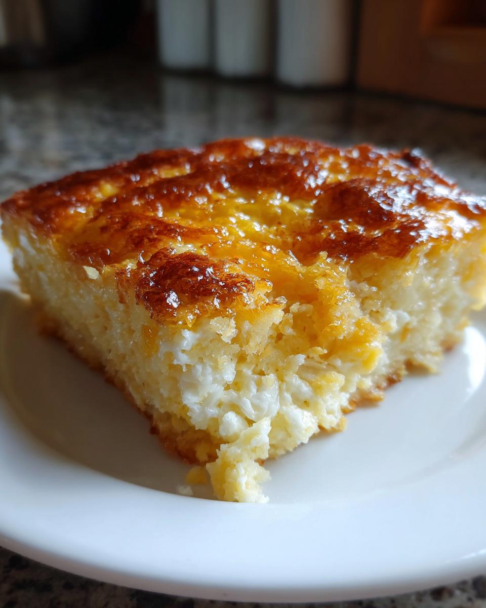 A square slice of baked cheese grits casserole showing a creamy interior with visible white cheese curds and a glossy, golden-brown top.