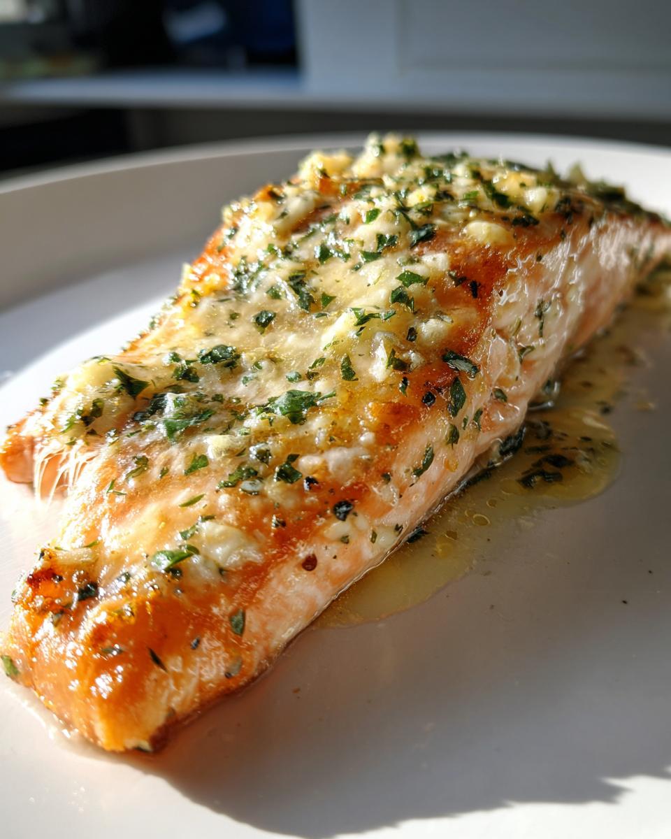 Close-up of a moist, flaky baked salmon recipe fillet topped with melted garlic butter and fresh parsley.