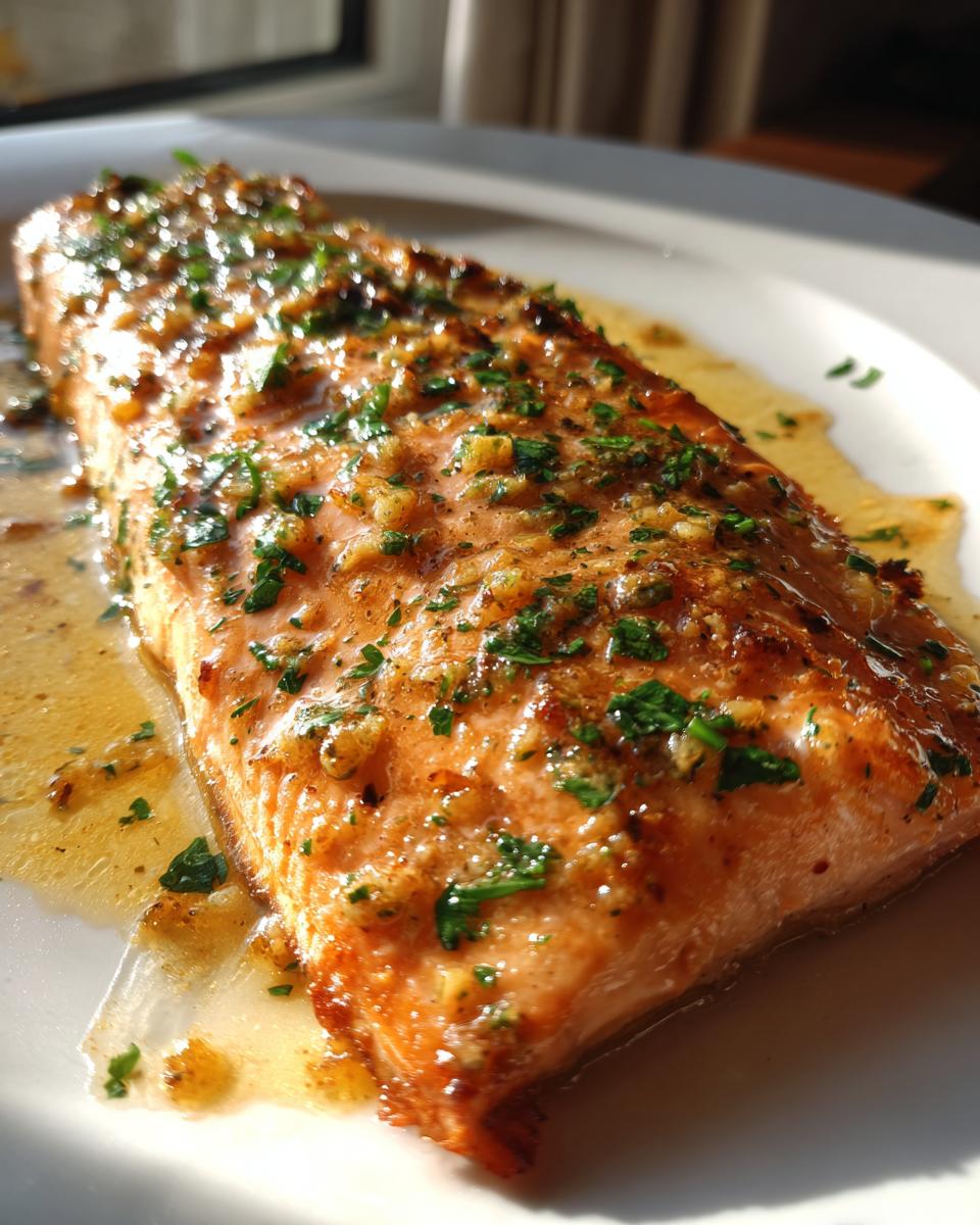 Close-up of a perfectly cooked baked salmon recipe fillet glistening with butter, garlic, and fresh parsley.