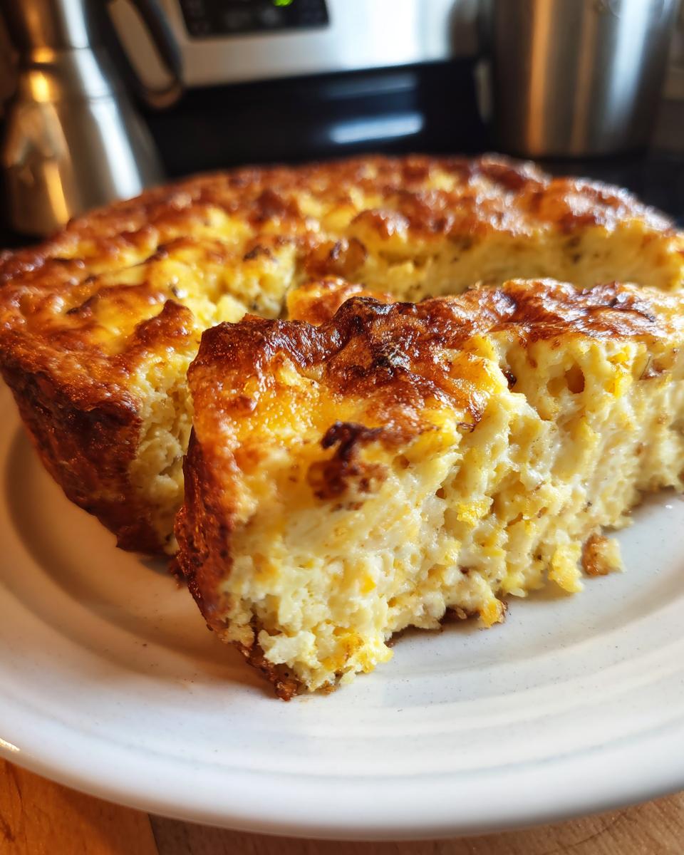 A thick, baked slice of creamy, golden-brown cheese grits casserole served on a white plate.