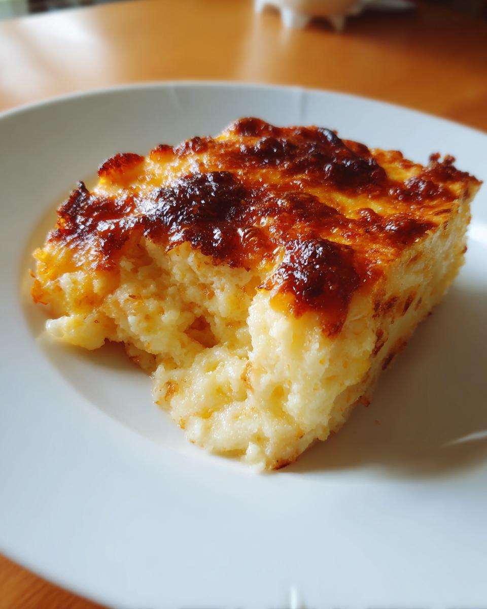 A close-up of a square slice of baked, creamy cheese grits with a deeply browned, cheesy crust.