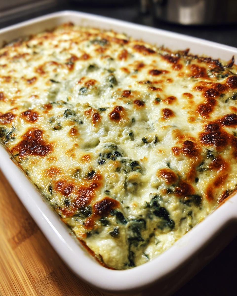 Close-up of hot, bubbly spinach artichoke dip baked until golden brown with melted cheese topping.