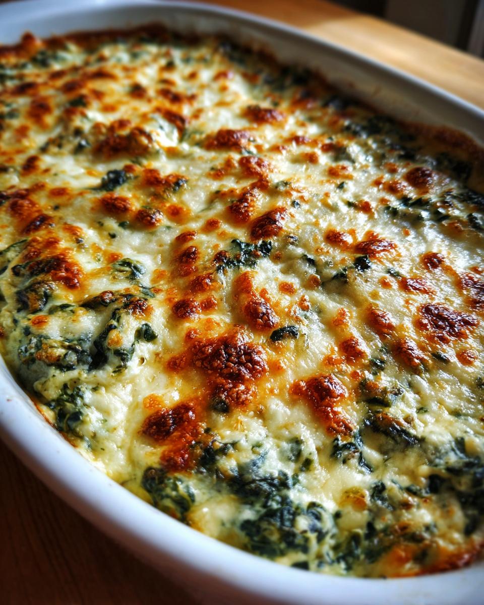 Close-up of a baked spinach artichoke dip in a white oval dish, featuring a bubbly, golden-brown melted cheese topping.