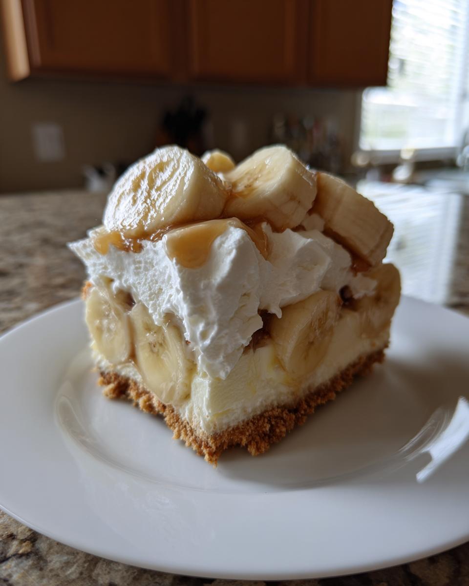 A rich square slice of banana cream cheesecake topped with whipped cream, sliced bananas, and caramel drizzle.