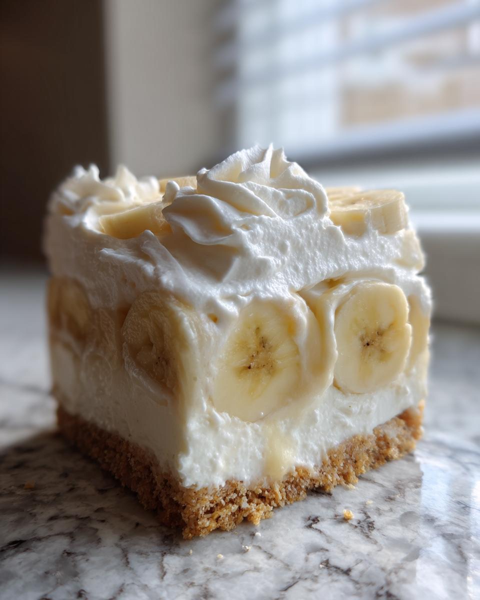 Close-up of a square slice of banana cream cheesecake with a graham cracker crust, cream filling, and banana slices.