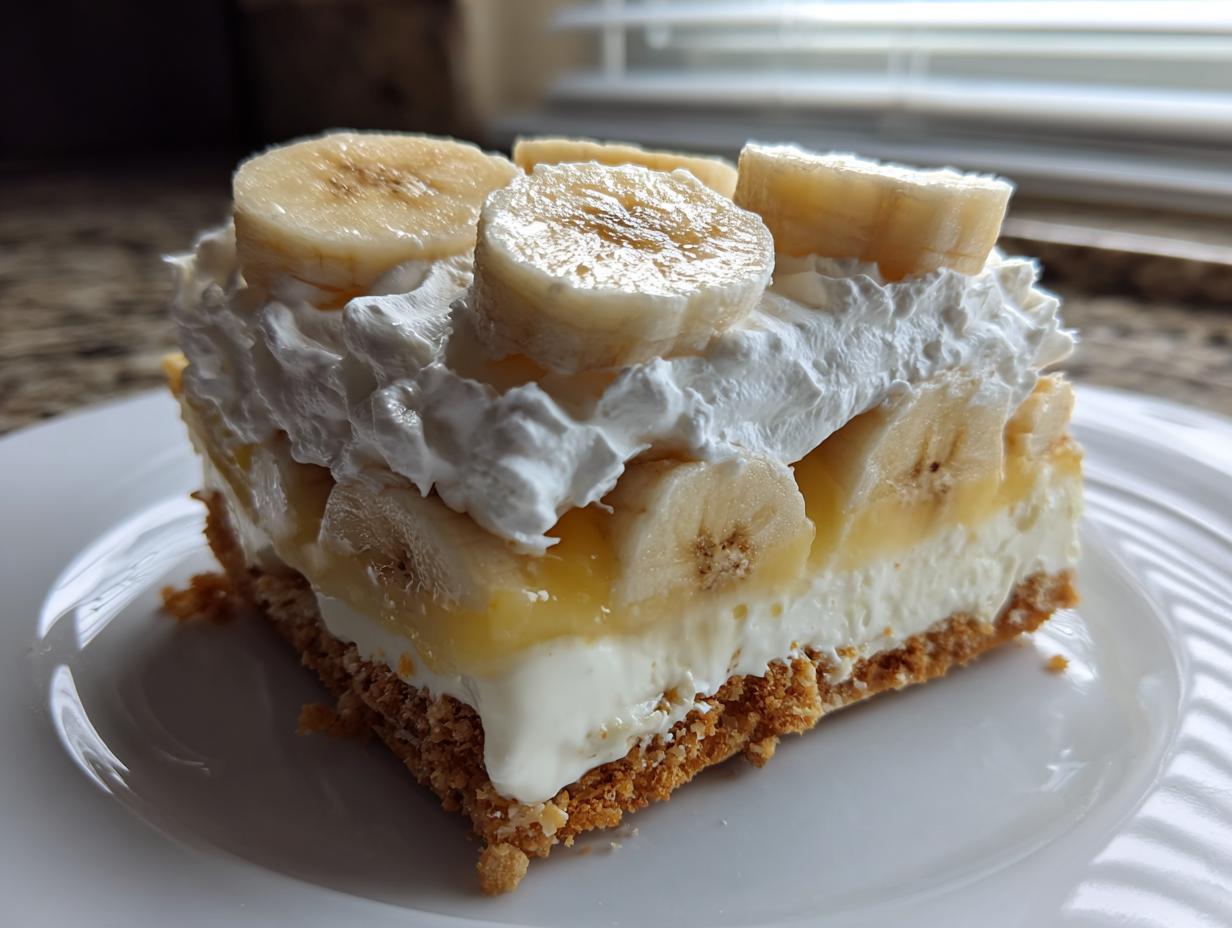 A square slice of rich banana cream cheesecake with a graham cracker crust, cream cheese filling, and topped with whipped cream and fresh banana slices.