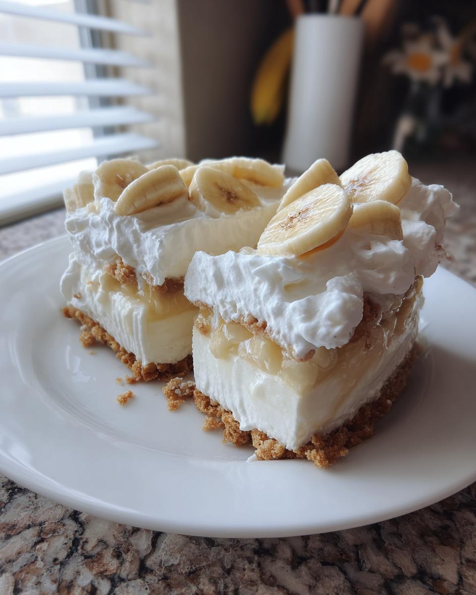 Two squares of rich banana cream cheesecake with graham cracker crust, topped with whipped cream and fresh banana slices.