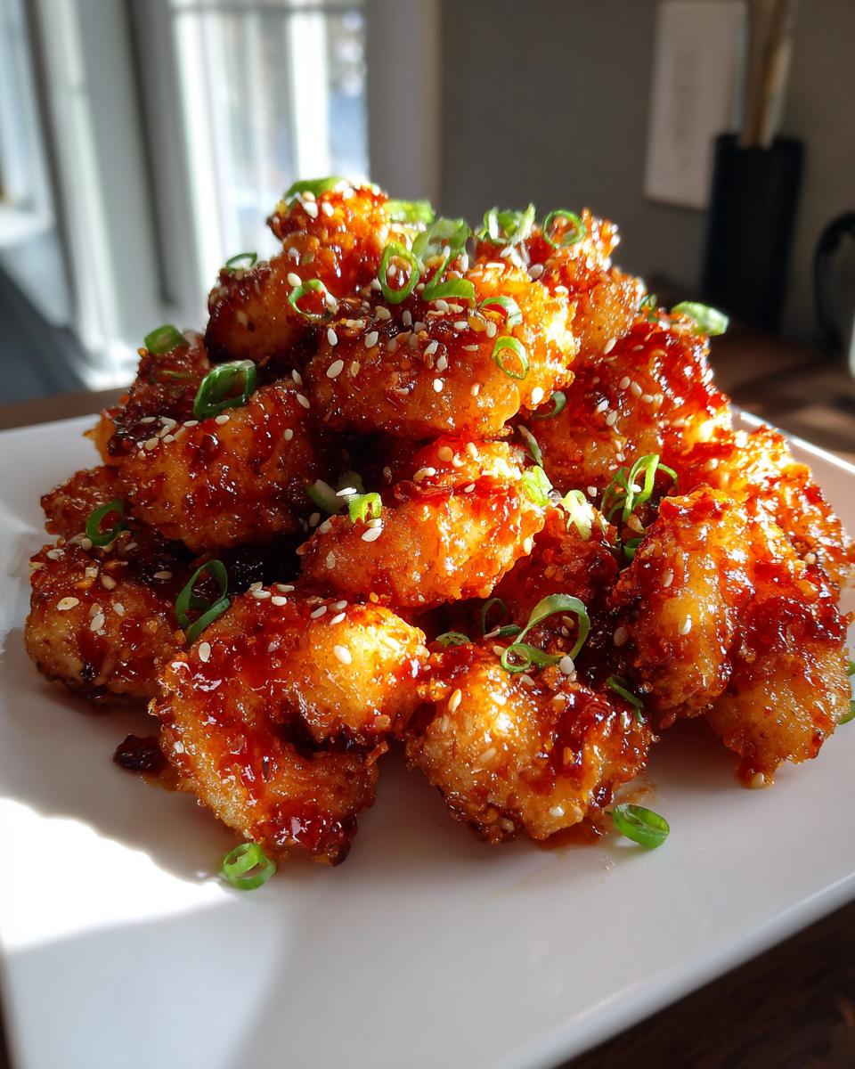 A mound of crispy, glazed bang bang shrimp topped with sesame seeds and sliced green onions on a white plate.