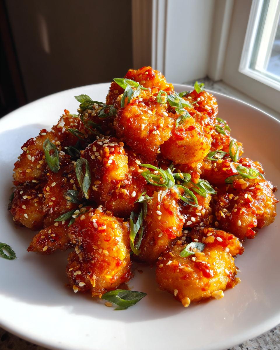 A mound of crispy, saucy bang bang shrimp garnished with sesame seeds and sliced green onions.