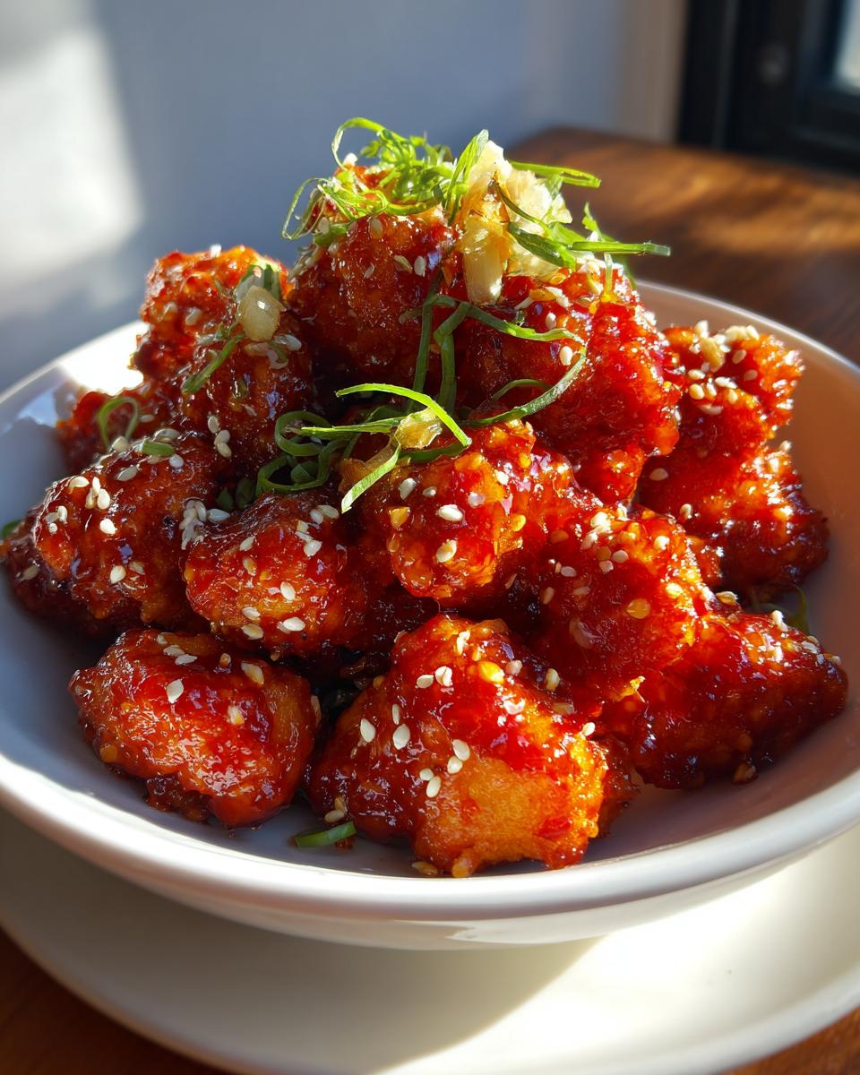 A bowl overflowing with crispy, bright red glazed bang bang shrimp, topped with sesame seeds and scallions.