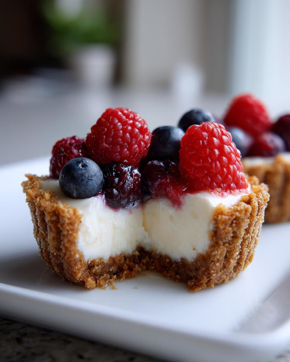 A close-up photo of a mini cheesecake bite with a bite taken out, topped with fresh raspberries and blueberries.