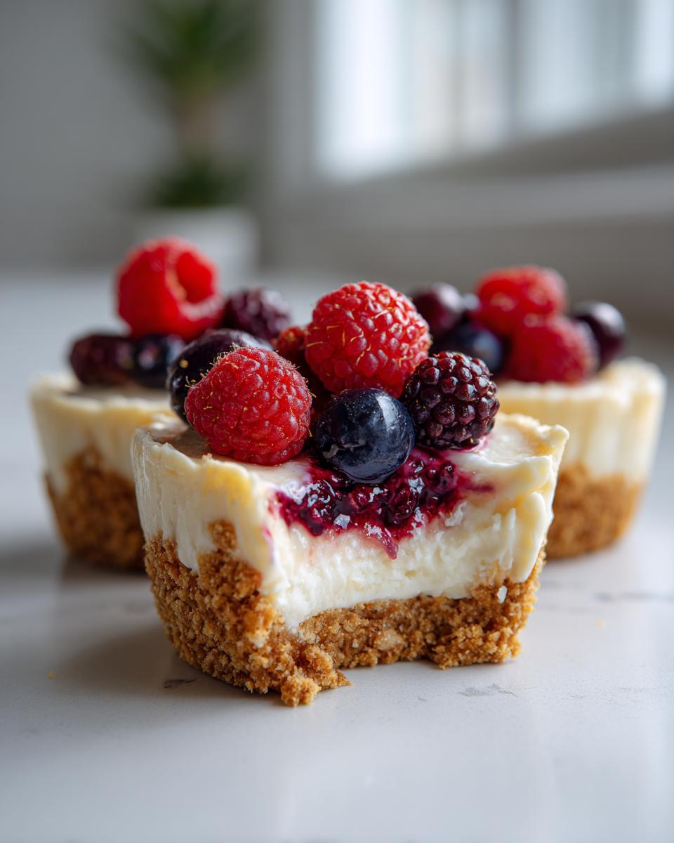 A close-up shot of a mini cheesecake bite with a bite taken out, topped with fresh raspberries, blueberries, and blackberries.