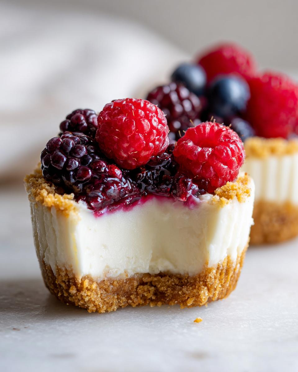 A close-up of a mini cheesecake bite with a bite taken out, topped with fresh raspberries and blackberries.