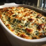 Close-up of hot, bubbly, baked spinach artichoke dip with a golden-brown cheese crust in a white ceramic dish.