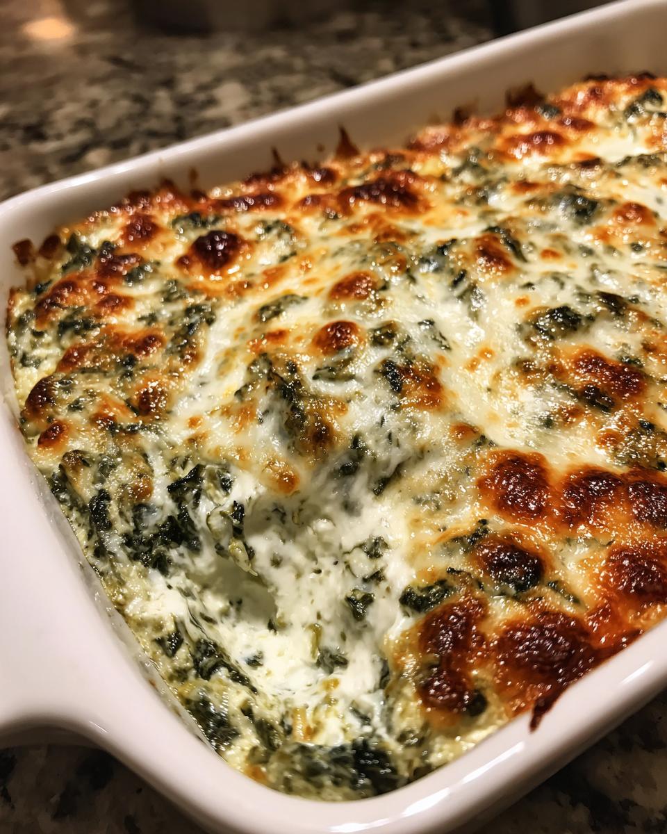 Close-up of hot, baked spinach artichoke dip in a white casserole dish with a bubbly, browned cheese topping.