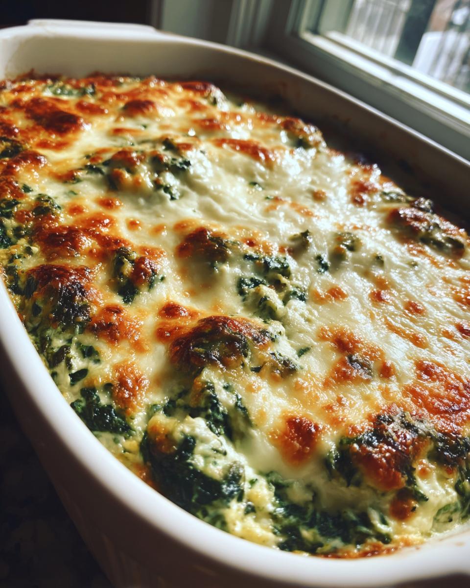 Close-up of hot, baked spinach artichoke dip in a white casserole dish with a bubbly, golden-brown cheese crust.