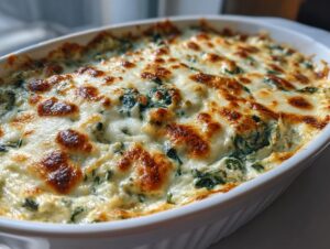 Close-up of a freshly baked spinach artichoke dip in a white dish, featuring a bubbly, golden-brown melted cheese topping.