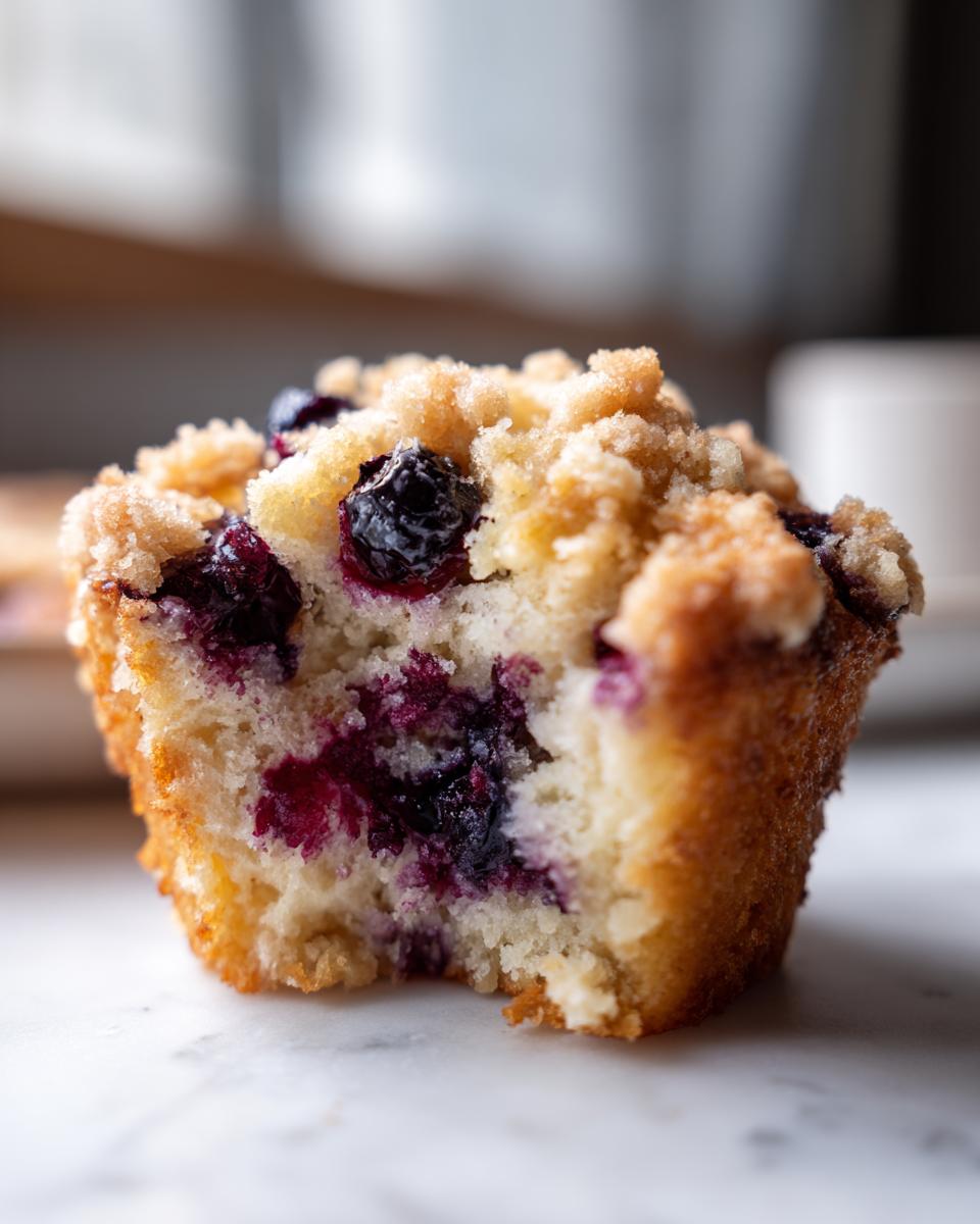 Close-up of a moist blueberry muffin with a bite taken out, showing juicy blueberries and a crumbly streusel topping.