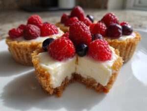 Close-up of a mini cheesecake with a bite taken out, topped with fresh raspberries and blueberries.