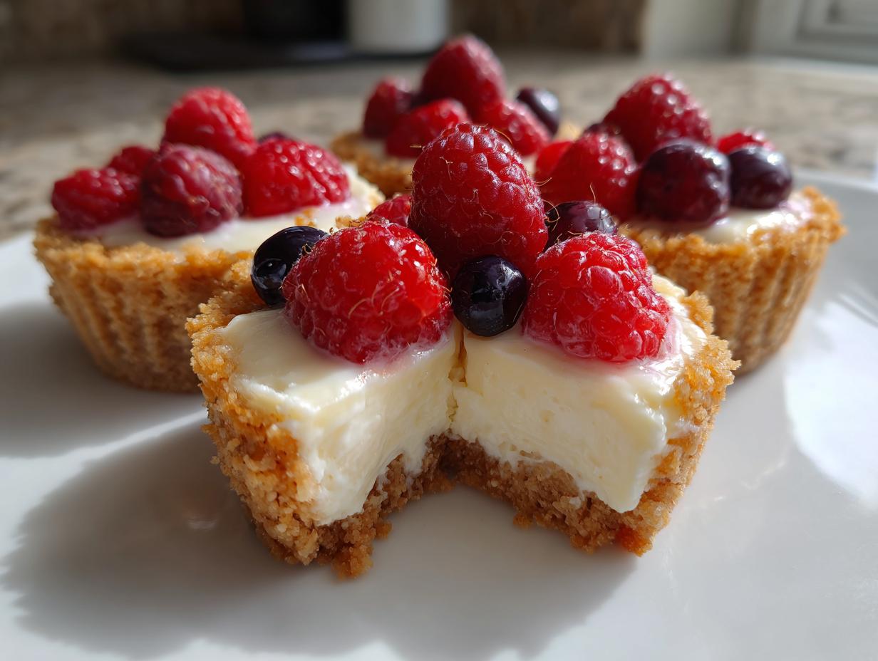 Close-up of a mini cheesecake with a bite taken out, topped with fresh raspberries and blueberries.