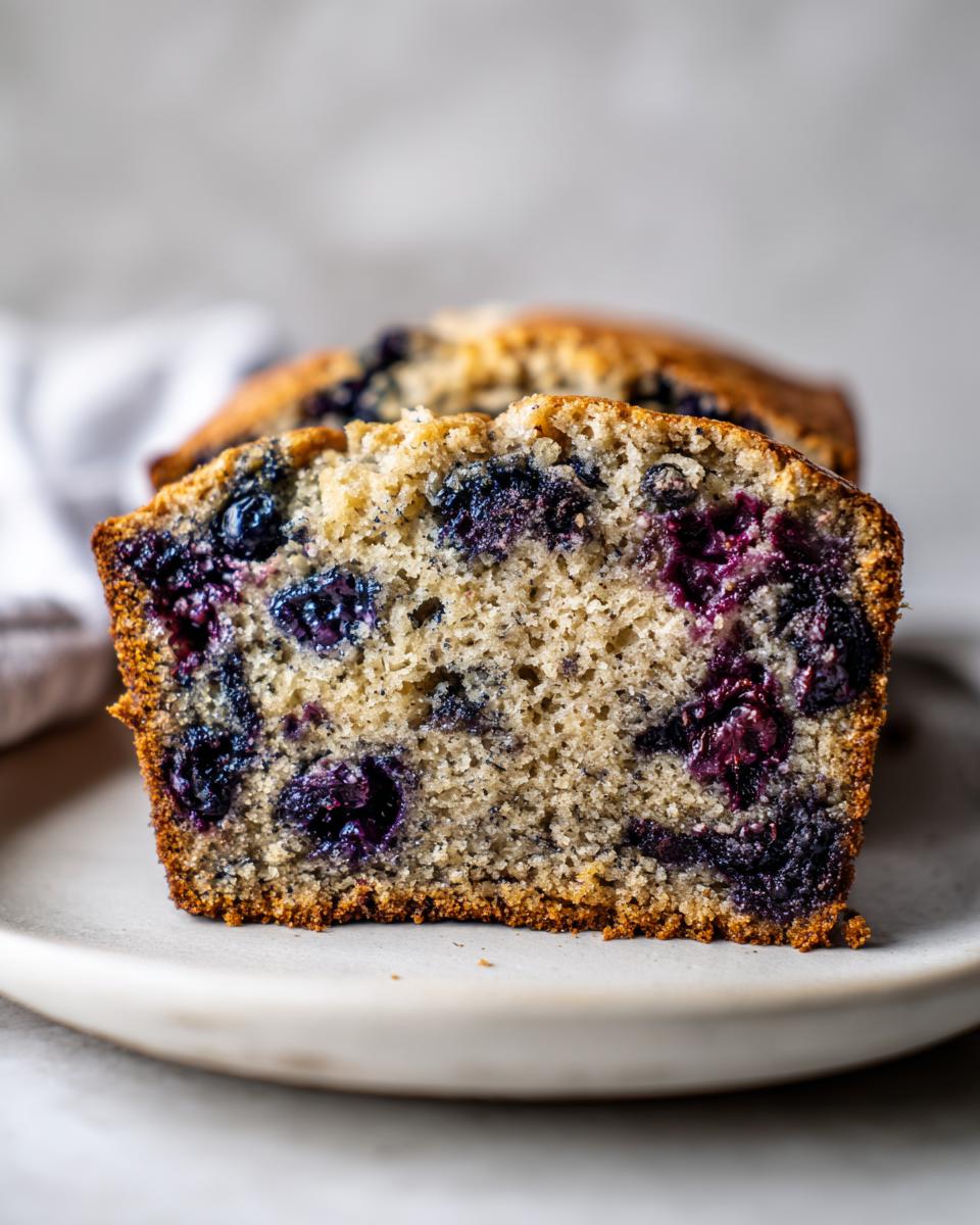 Close-up cross-section of moist blueberry banana bread showing dense crumb and burst blueberries.