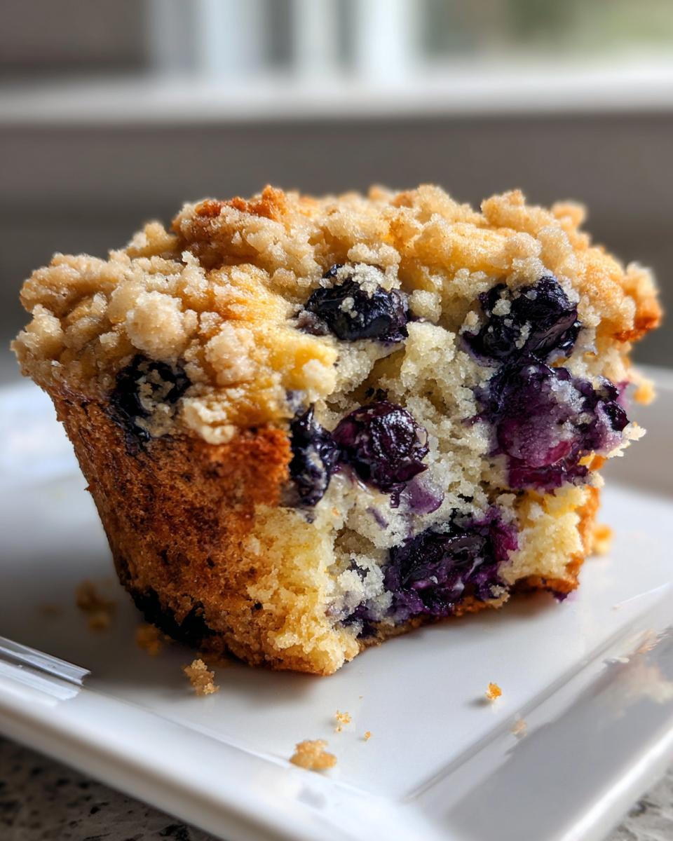 A close-up, cross-section view of a moist blueberry muffin with a generous, golden crumb topping.
