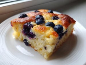 A close-up of a square slice of fluffy blueberry sheet pan pancakes on a white plate.