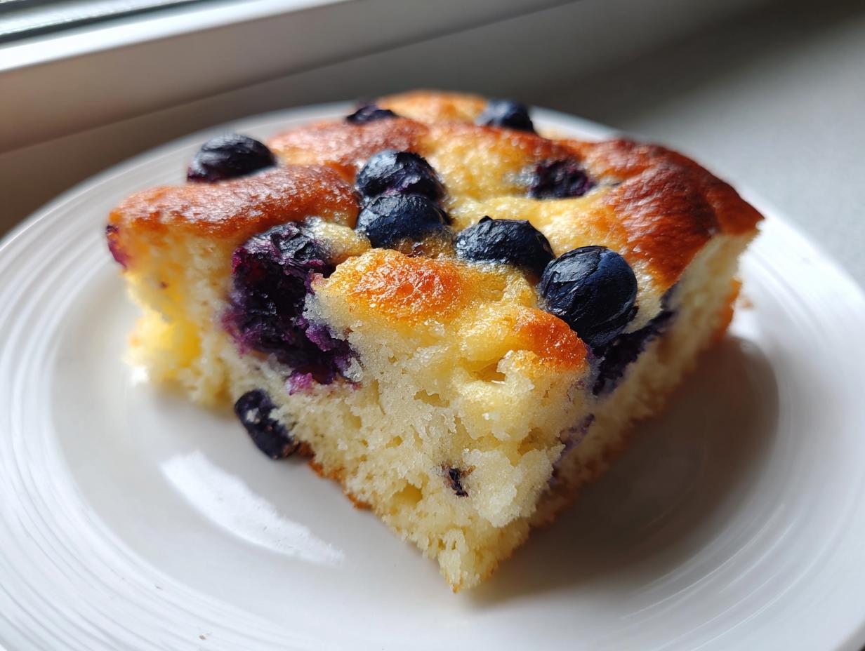A close-up of a square slice of fluffy blueberry sheet pan pancakes on a white plate.
