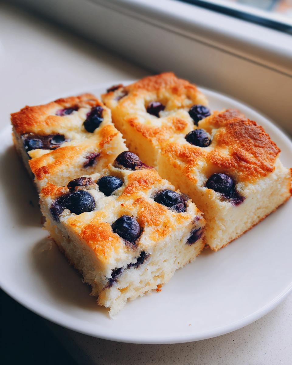 Four square slices of golden-brown blueberry sheet pan pancakes served on a white plate.