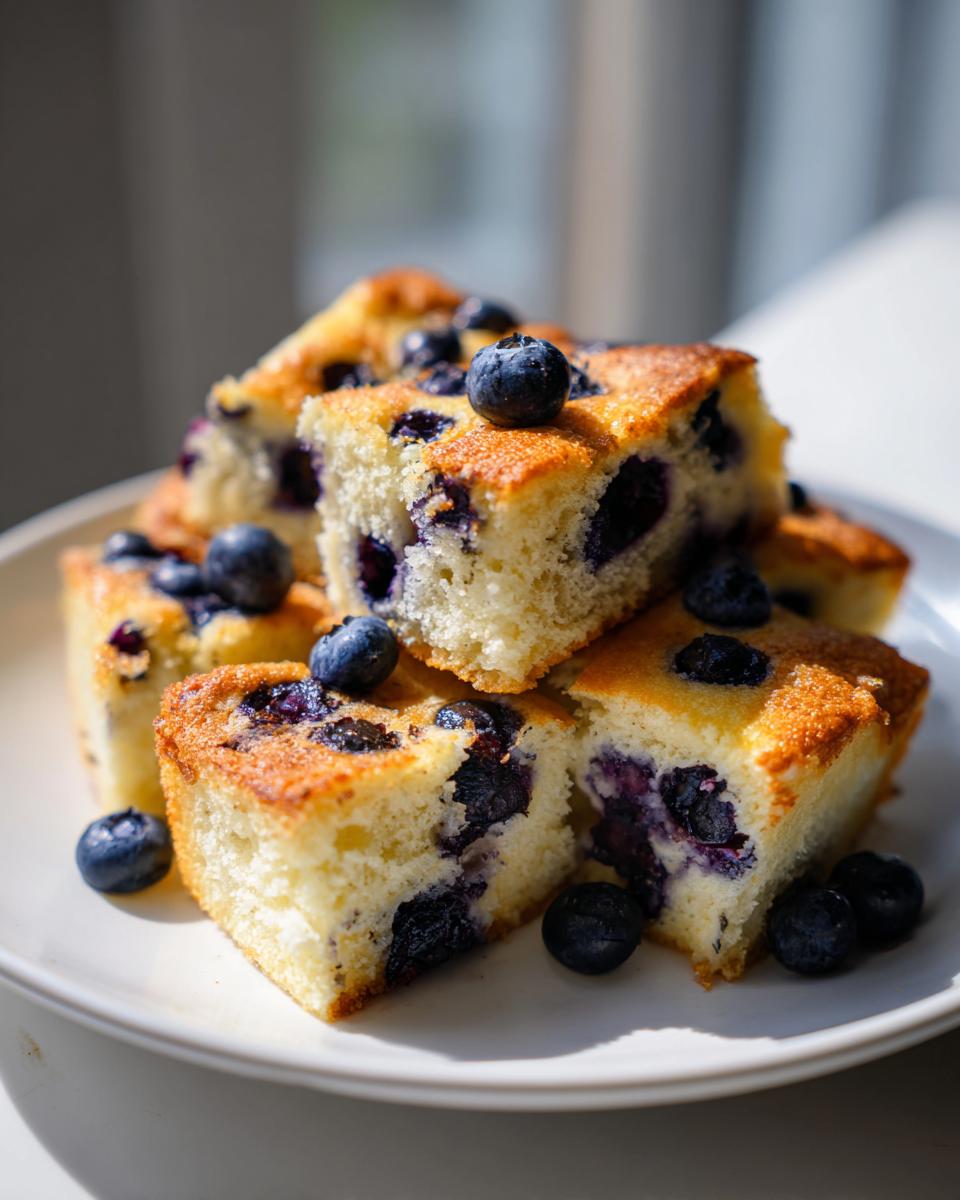 Stack of golden-brown blueberry sheet pan pancakes cut into squares and topped with fresh blueberries.