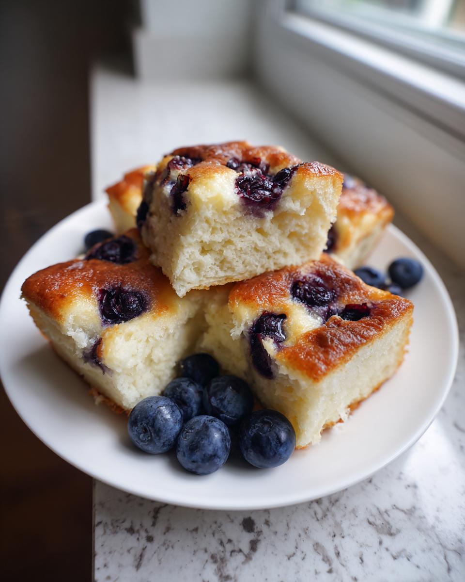 Four square slices of fluffy blueberry sheet pan pancakes stacked on a white plate with fresh blueberries.