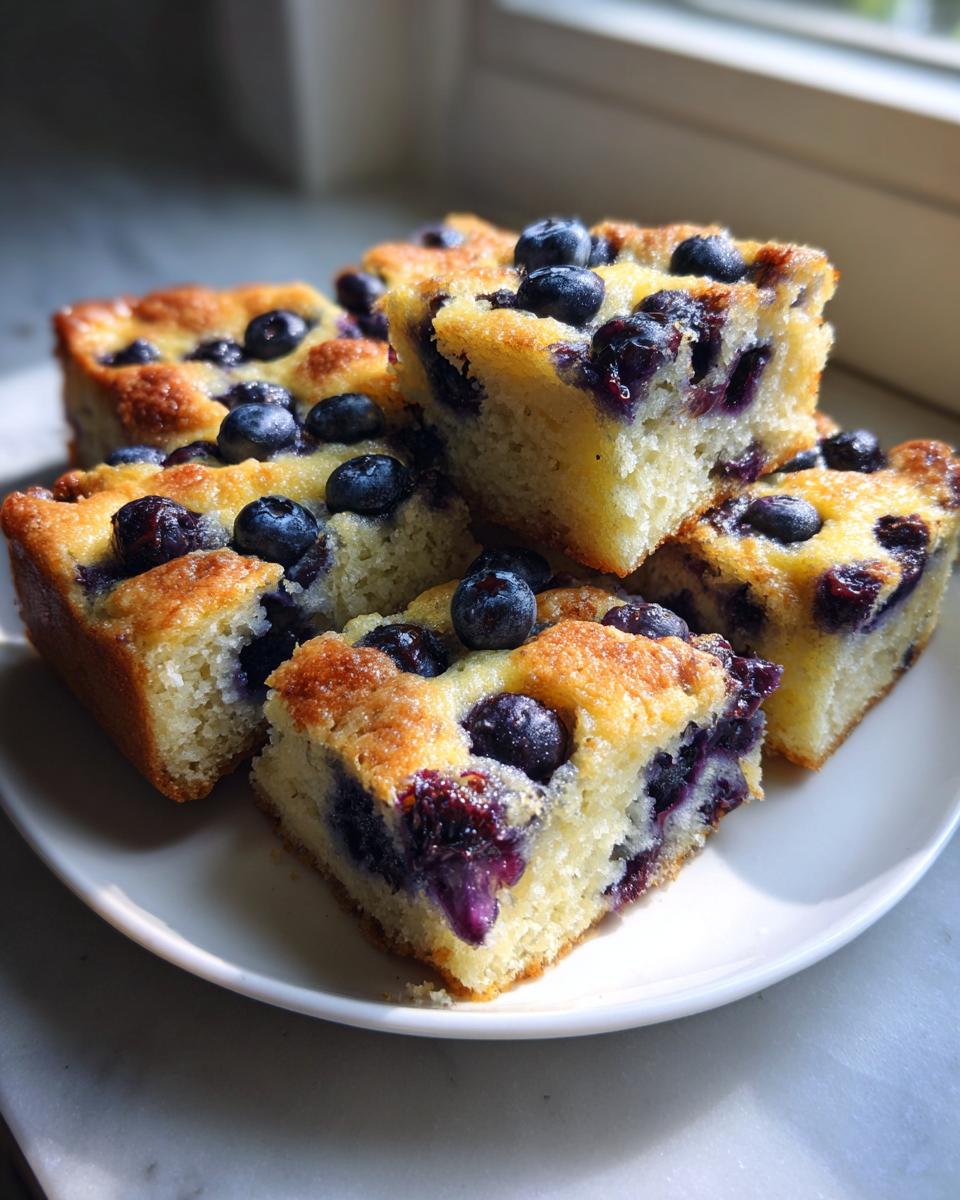 Four square slices of fluffy blueberry sheet pan pancakes stacked on a white plate.