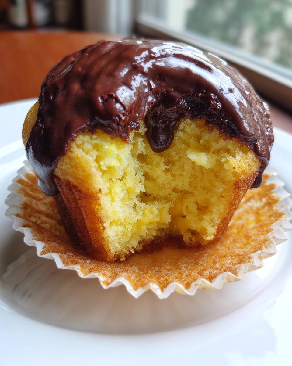 Close-up of a delicious boston cream pie cupcake with a bite taken out, showing the yellow cake and dripping chocolate frosting.