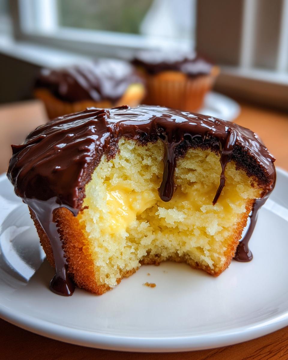 Close-up of a boston cream pie cupcakes with a bite taken out, showing vanilla cake, pastry cream filling, and chocolate ganache.