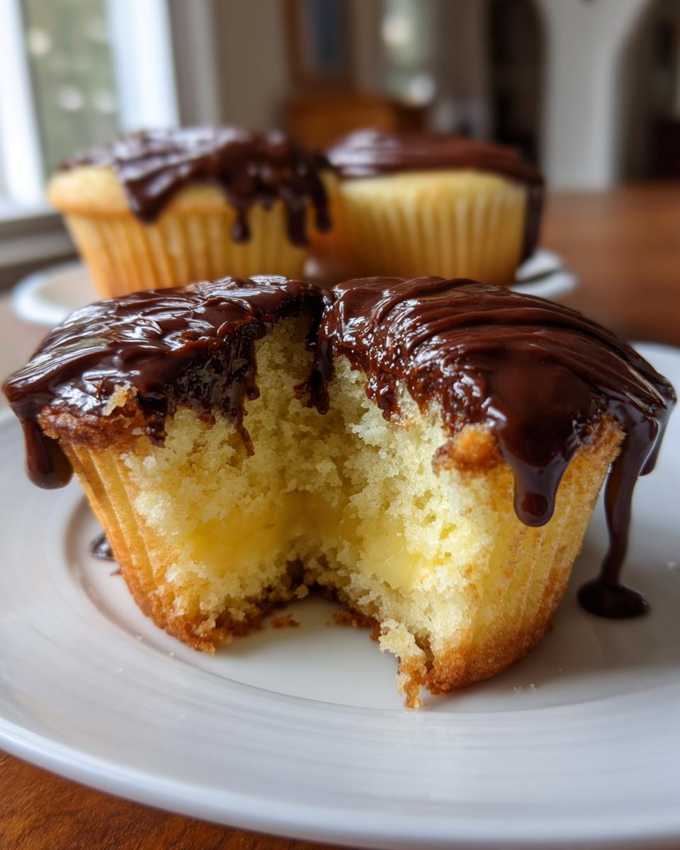 A boston cream pie cupcake cut in half showing vanilla cake, pastry cream filling, and chocolate ganache topping.