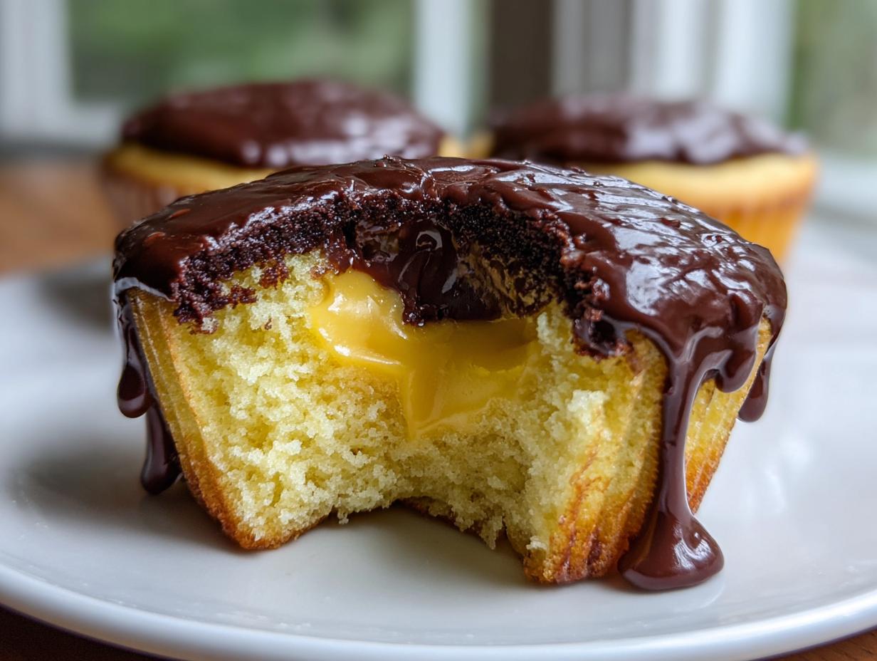 Close-up of a boston cream pie cupcake with a bite taken out, showing the vanilla cake, yellow pastry cream filling, and chocolate ganache topping.