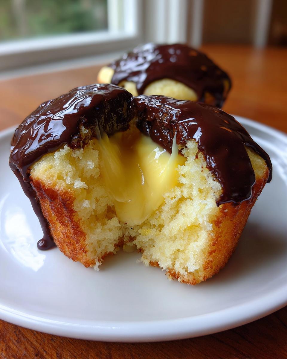 A close-up of a boston cream pie cupcake cut in half, showing the rich vanilla filling and chocolate glaze.