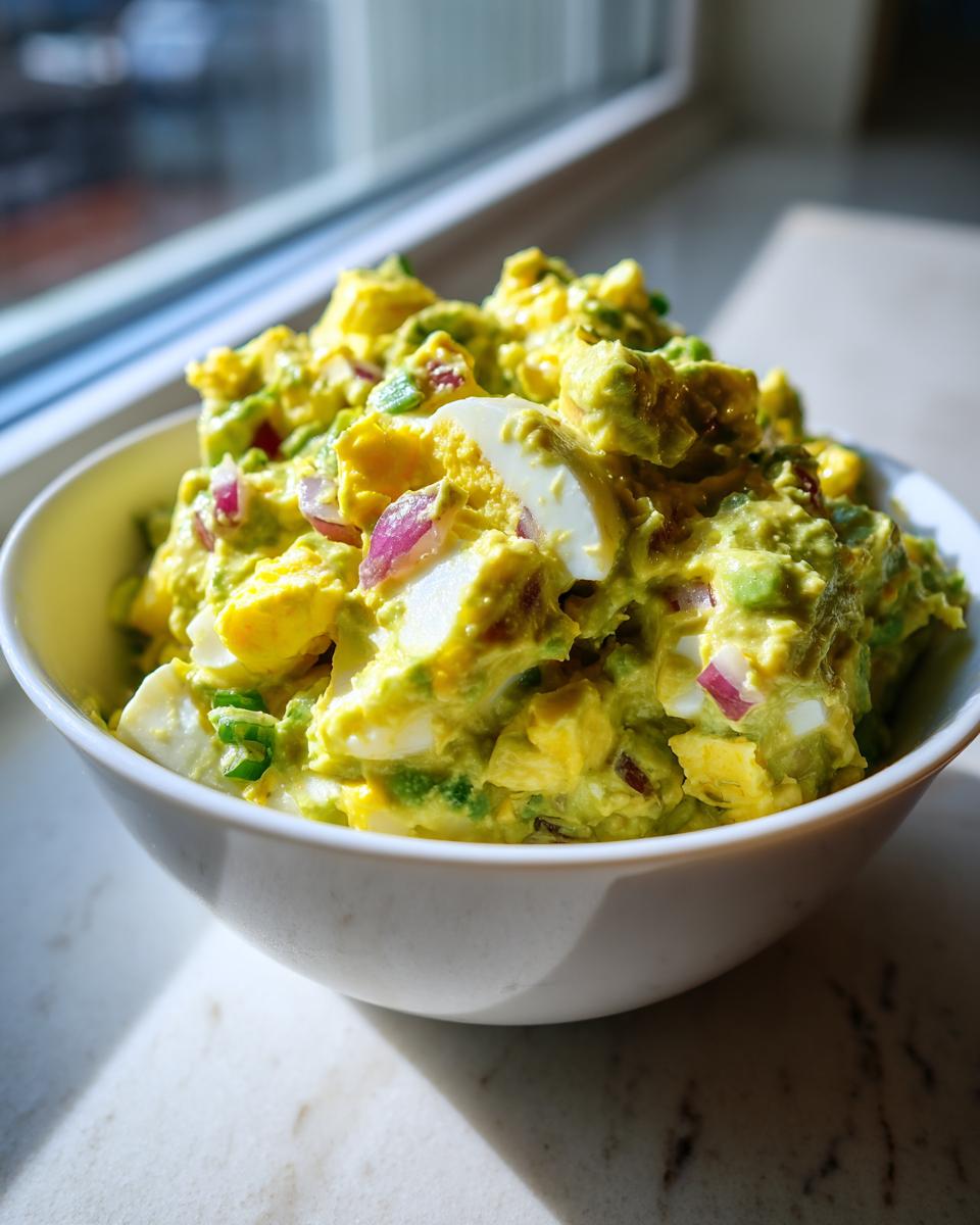 A white bowl filled with chunky avocado egg salad, featuring visible pieces of hard-boiled egg and red onion.