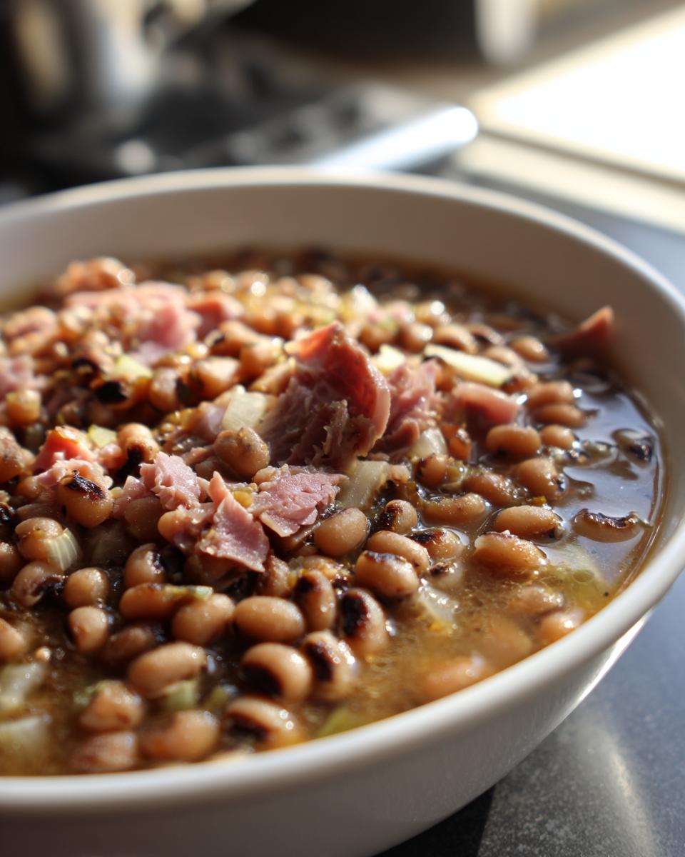 Close-up of a white bowl filled with a savory black eyed peas recipe, topped with chunks of smoked ham and broth.