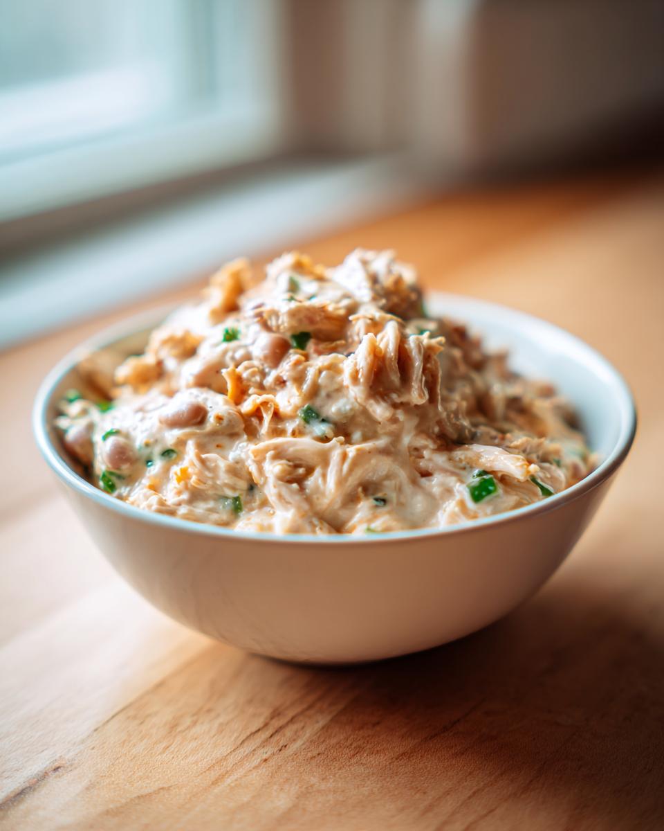 A close-up of a white bowl filled with thick, creamy cream cheese chicken chili, showing shredded chicken and green onions.