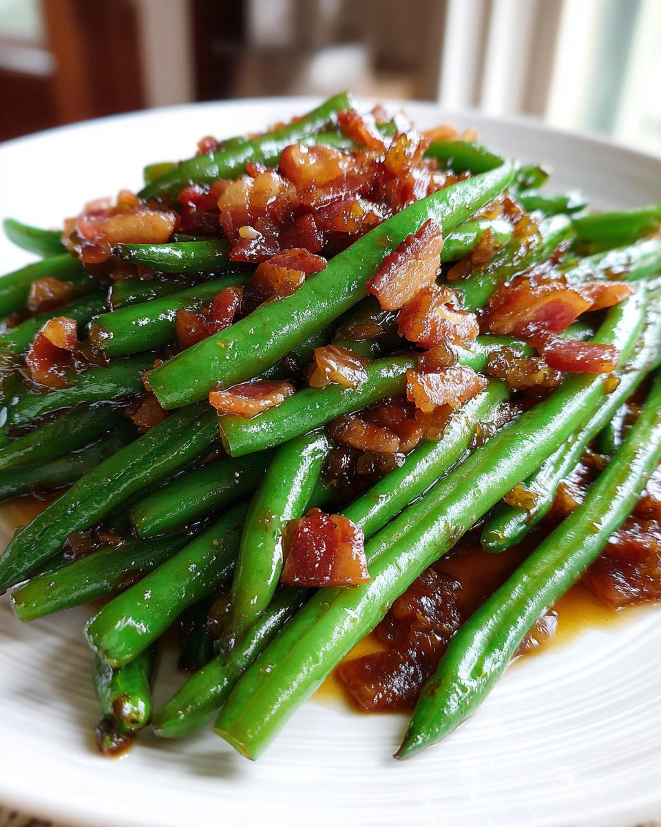 A close-up of bright green beans tossed in a savory brown glaze and topped with crispy bacon pieces.