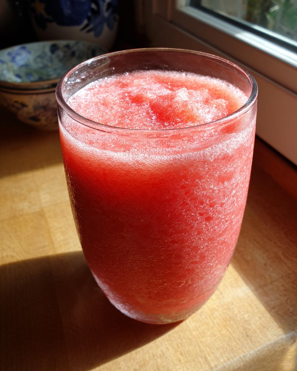 A vibrant, icy watermelon smoothie served in a clear glass, catching sunlight on a wooden surface.