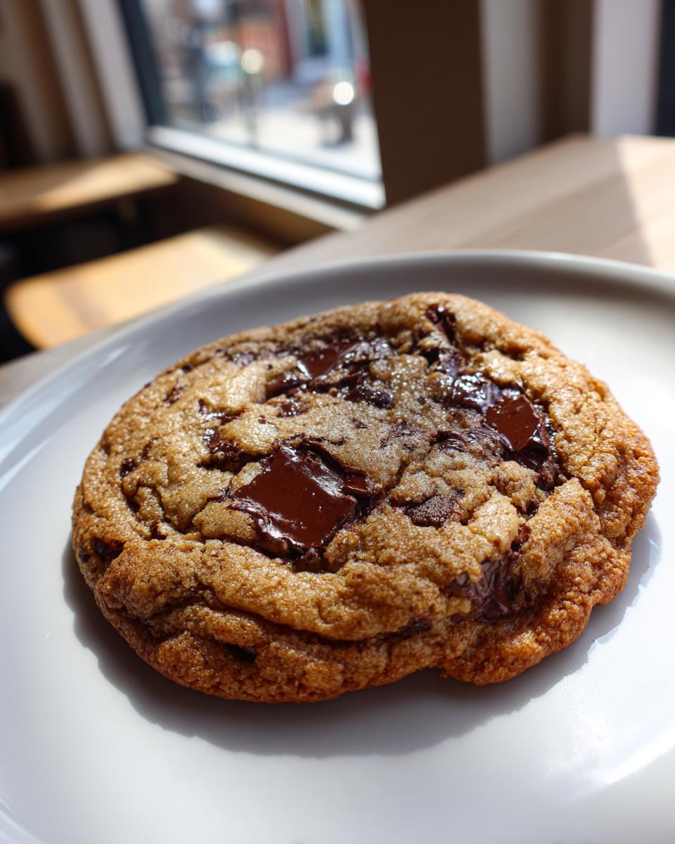 A freshly baked, thick brown butter chocolate chip cookie with melted dark chocolate chunks on a white plate.