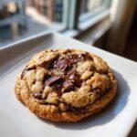 A close-up of a freshly baked brown butter chocolate chip cookie with melted chocolate pools, sitting on a white plate.
