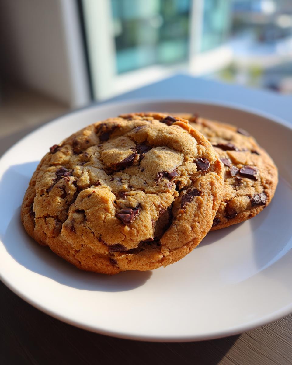 Two thick, golden brown butter chocolate chip cookies resting on a white plate near a window.
